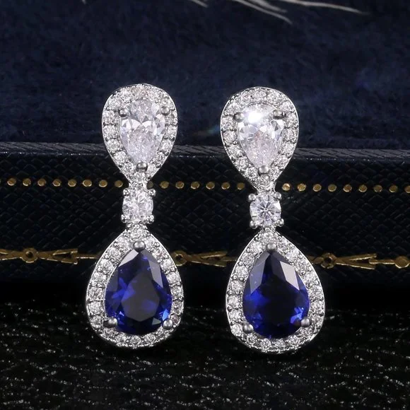 🎁 Noble Water Drop Royal Blue And White Pear Zircon Stud Earrings, UNVN12417 - Picture 1 of 7